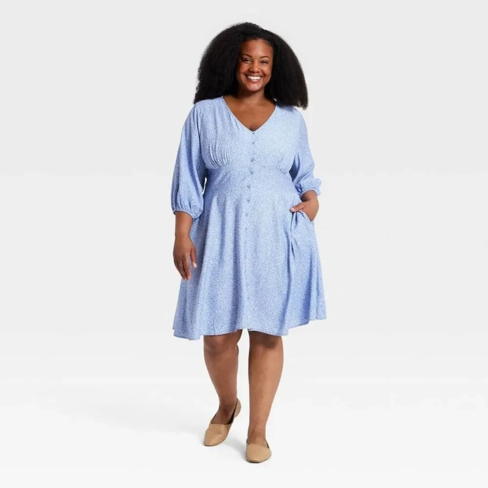 Ava & Viv - Women's Plus Balloon 3/4 Sleeve Button-Front Short Blue/White - Picture 3 of 3
